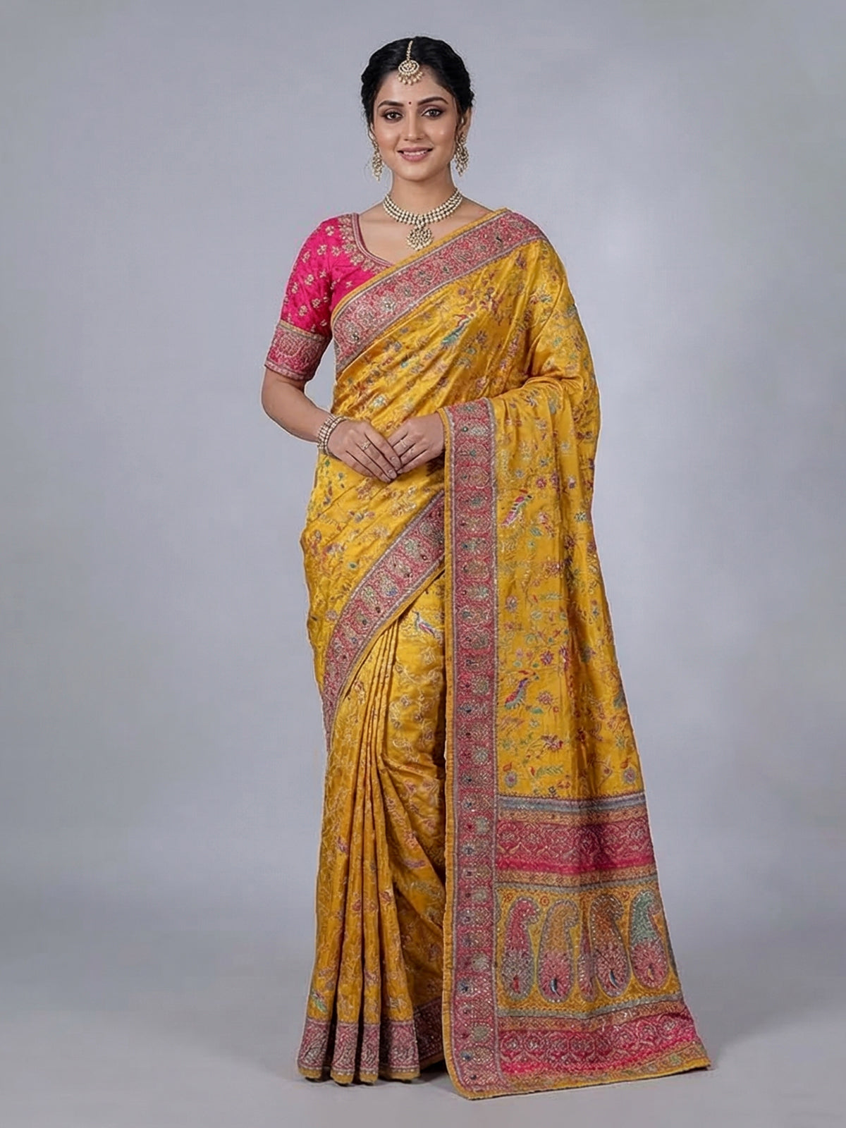 Mustard yellow modal silk saree with colorful motifs