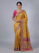 Mustard yellow modal silk saree with colorful motifs