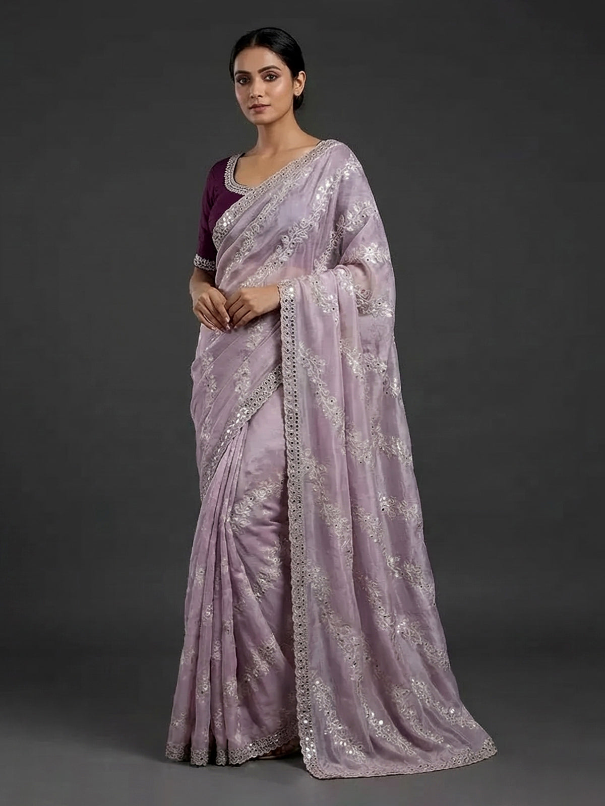 Lilac purple tissue dola silk saree with heavy embroidery