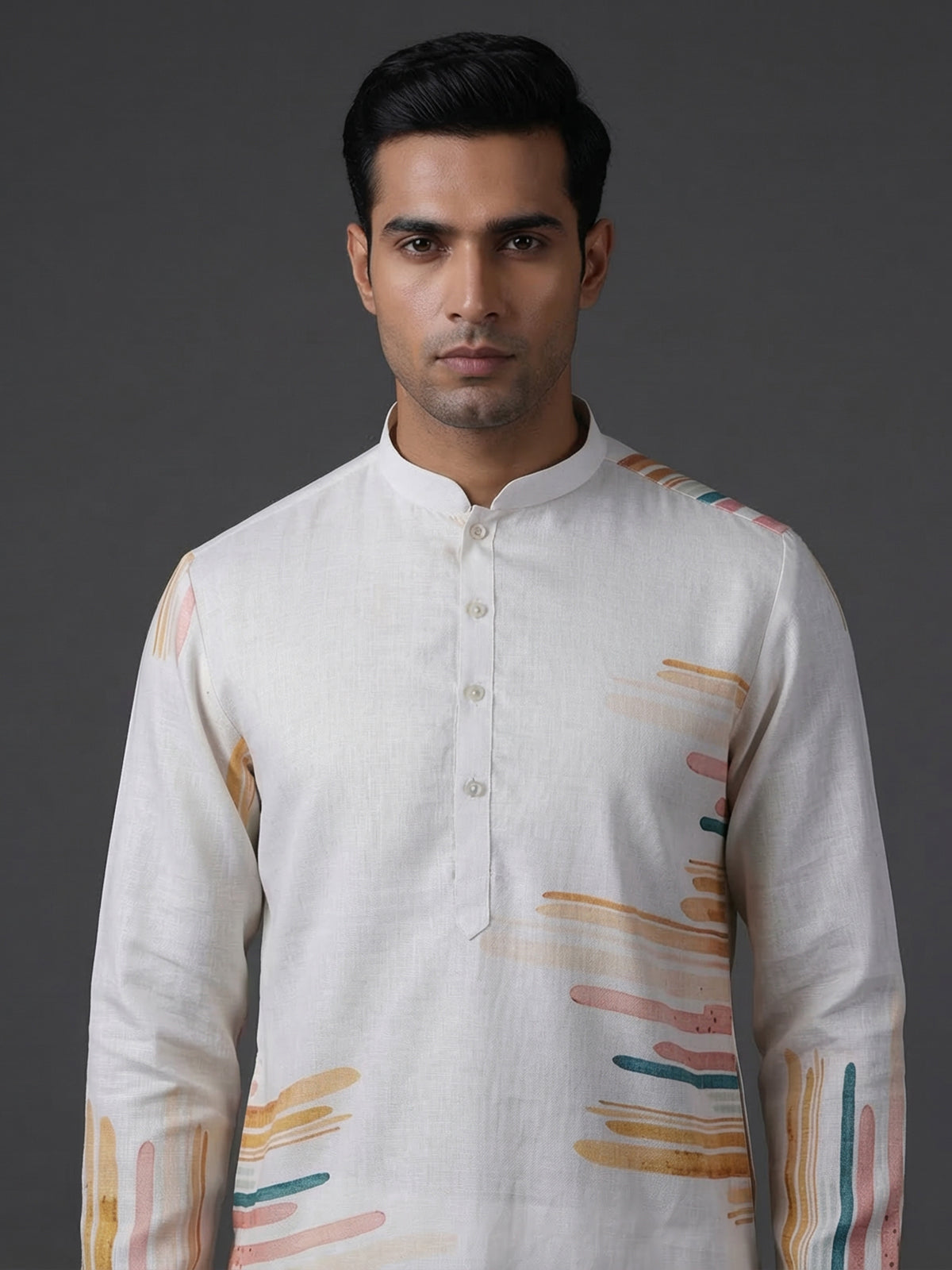 White cotton linen printed festive kurta suit
