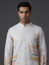 White cotton linen printed festive kurta suit
