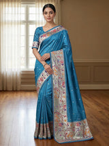 Aqua dola silk saree with elegant zari embroidery work