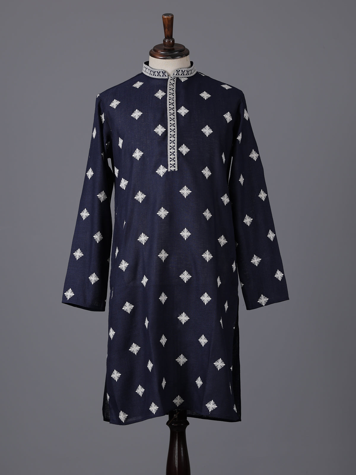 Navy blue cotton silk embroidered festive kurta suit