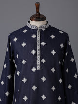 Navy blue cotton silk embroidered festive kurta suit