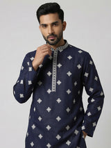 Navy blue cotton silk embroidered festive kurta suit