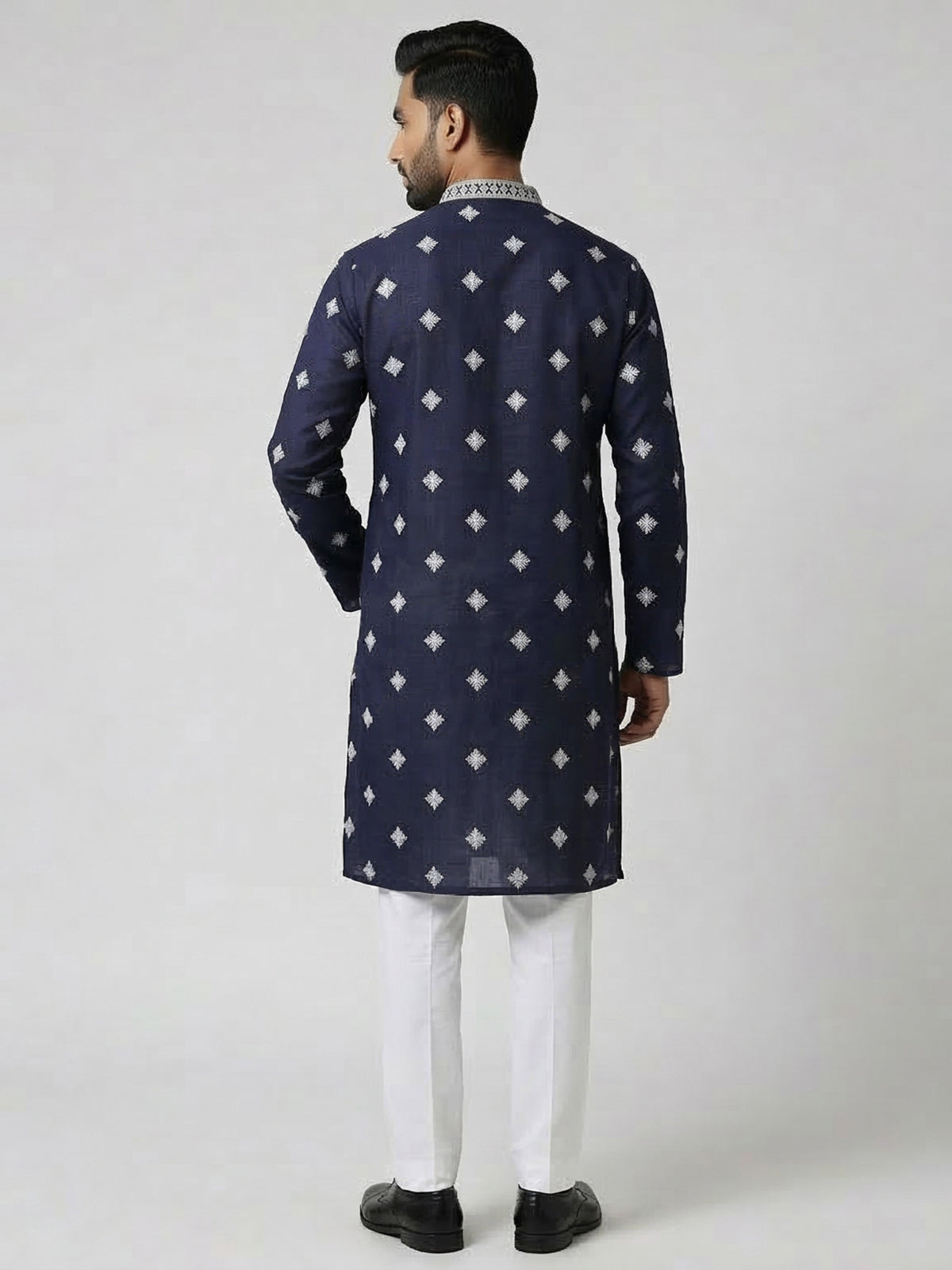 Navy blue cotton silk embroidered festive kurta suit