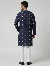 Navy blue cotton silk embroidered festive kurta suit