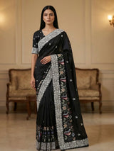 Black semi tusser silk saree with rich sequin work