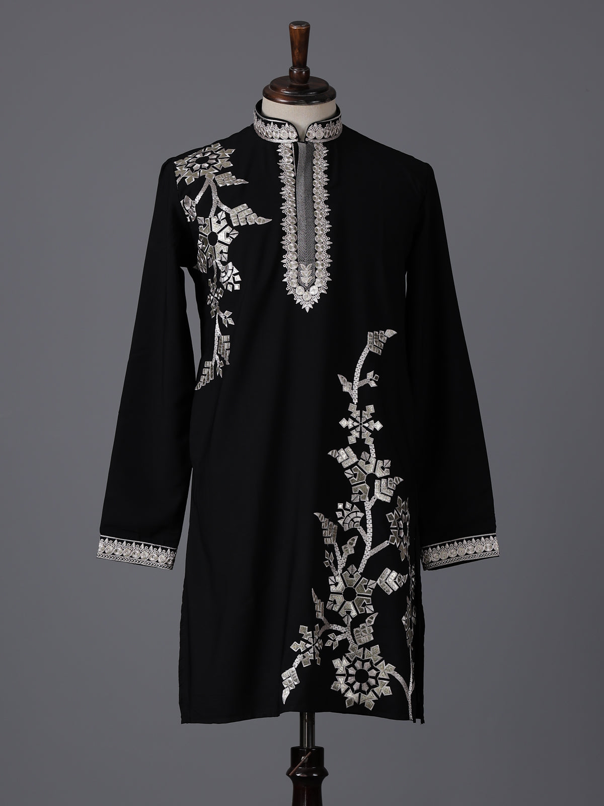 Black cotton embroidered mandarin collar festive kurta suit