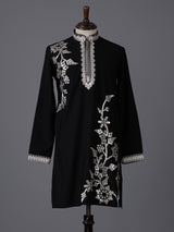 Black cotton embroidered mandarin collar festive kurta suit