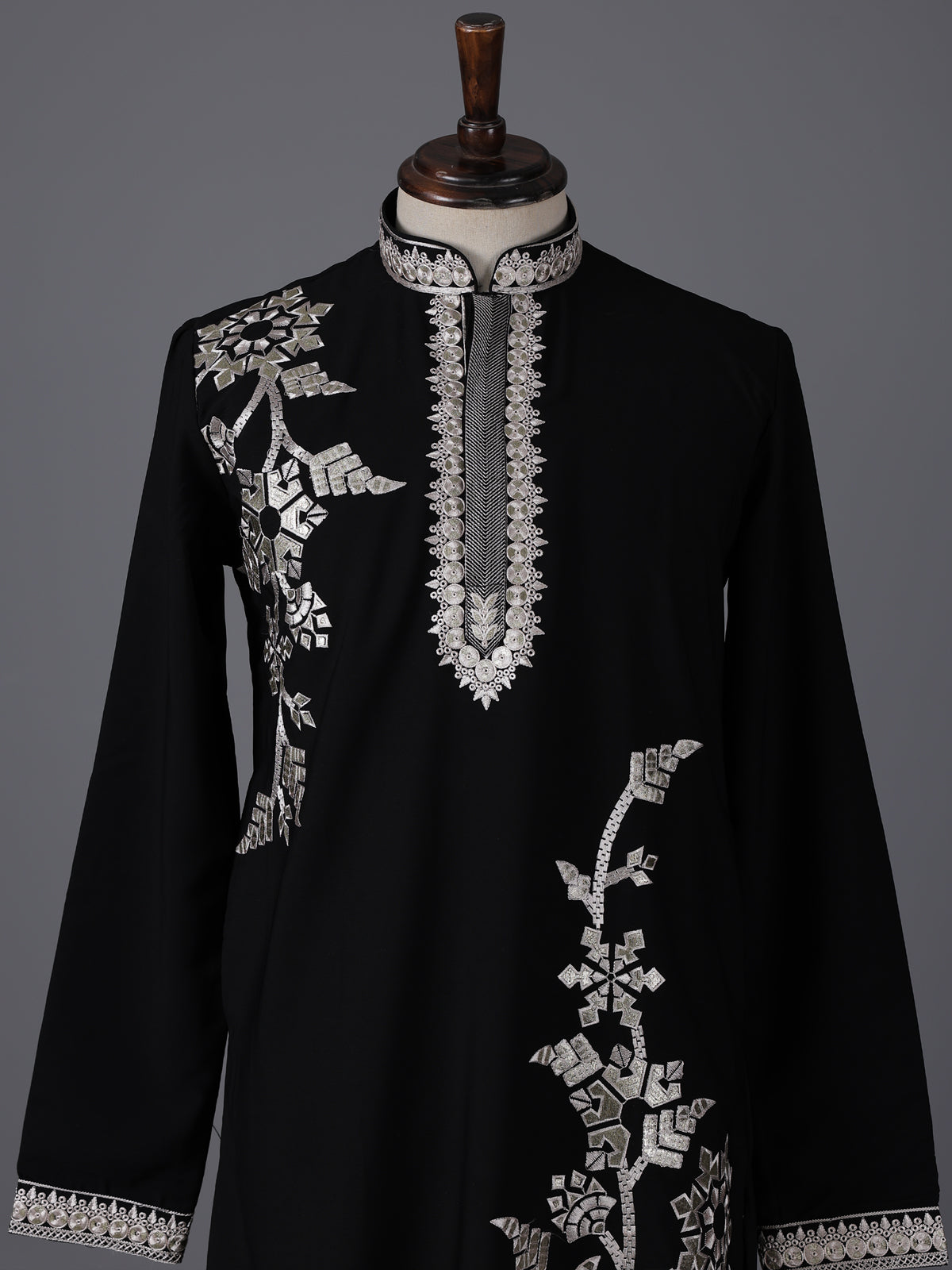 Black cotton embroidered mandarin collar festive kurta suit