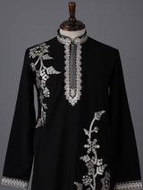 Black cotton embroidered mandarin collar festive kurta suit