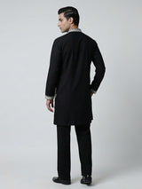 Black cotton embroidered mandarin collar festive kurta suit