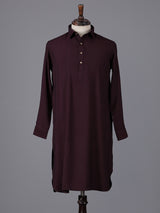 Elegant wine cotton silk pathani suit with classic collar neckline