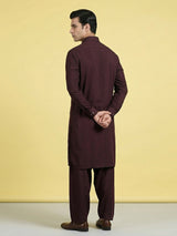 Elegant wine cotton silk pathani suit with classic collar neckline