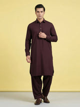 Elegant wine cotton silk pathani suit with classic collar neckline