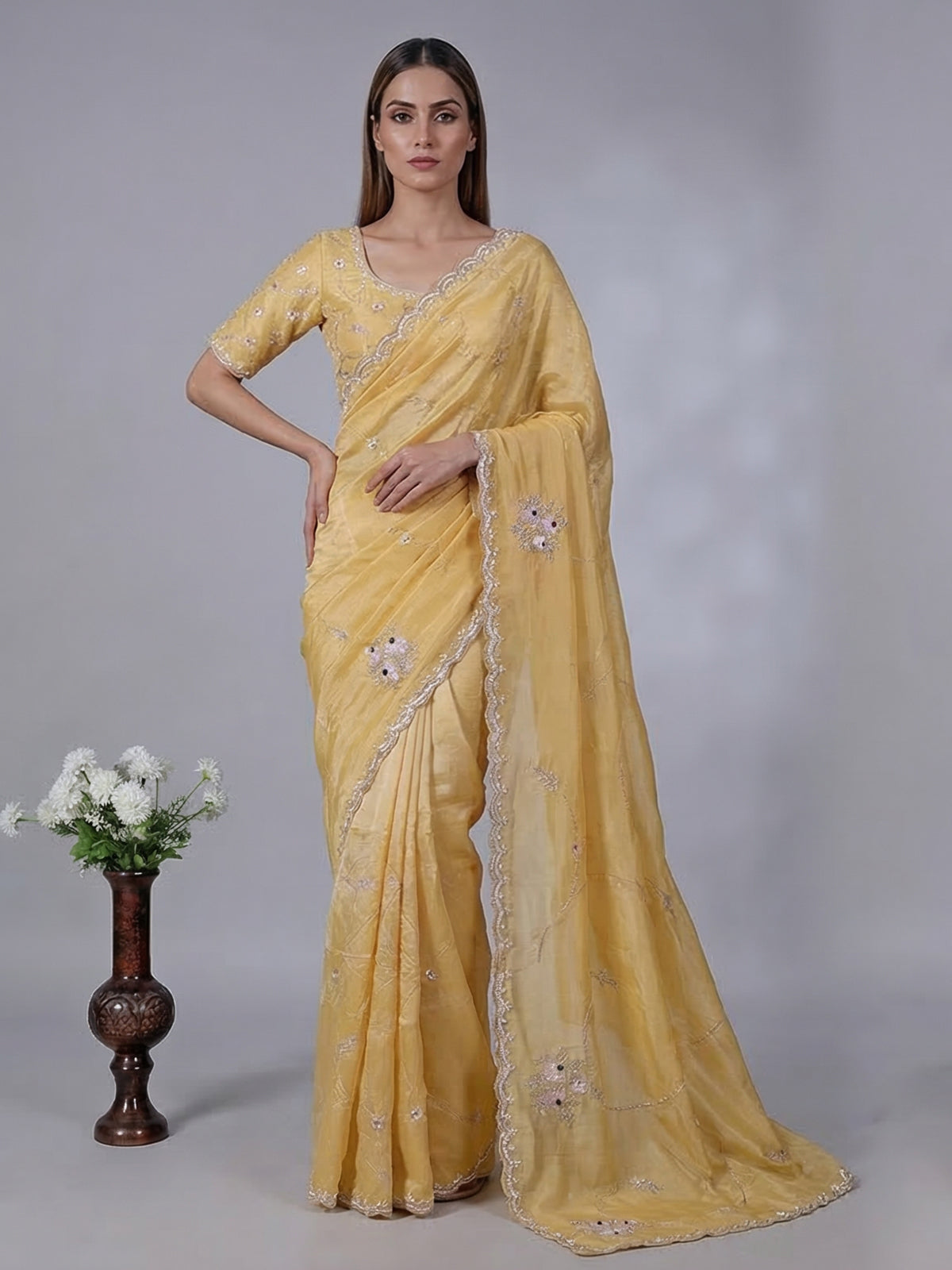 Yellow soft tissue silk haldi saree