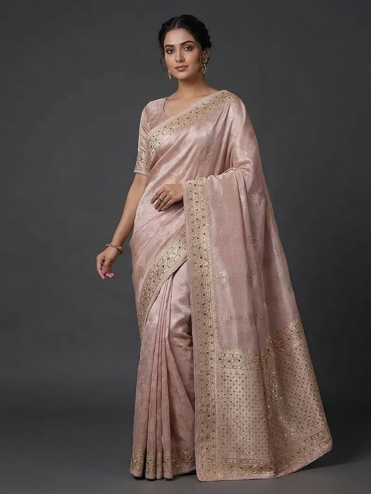 Peach tissue silk saree with mirror and zardosi work