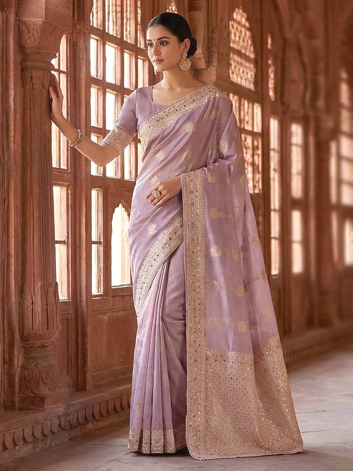 Light purple tissue silk saree with mirror detailing