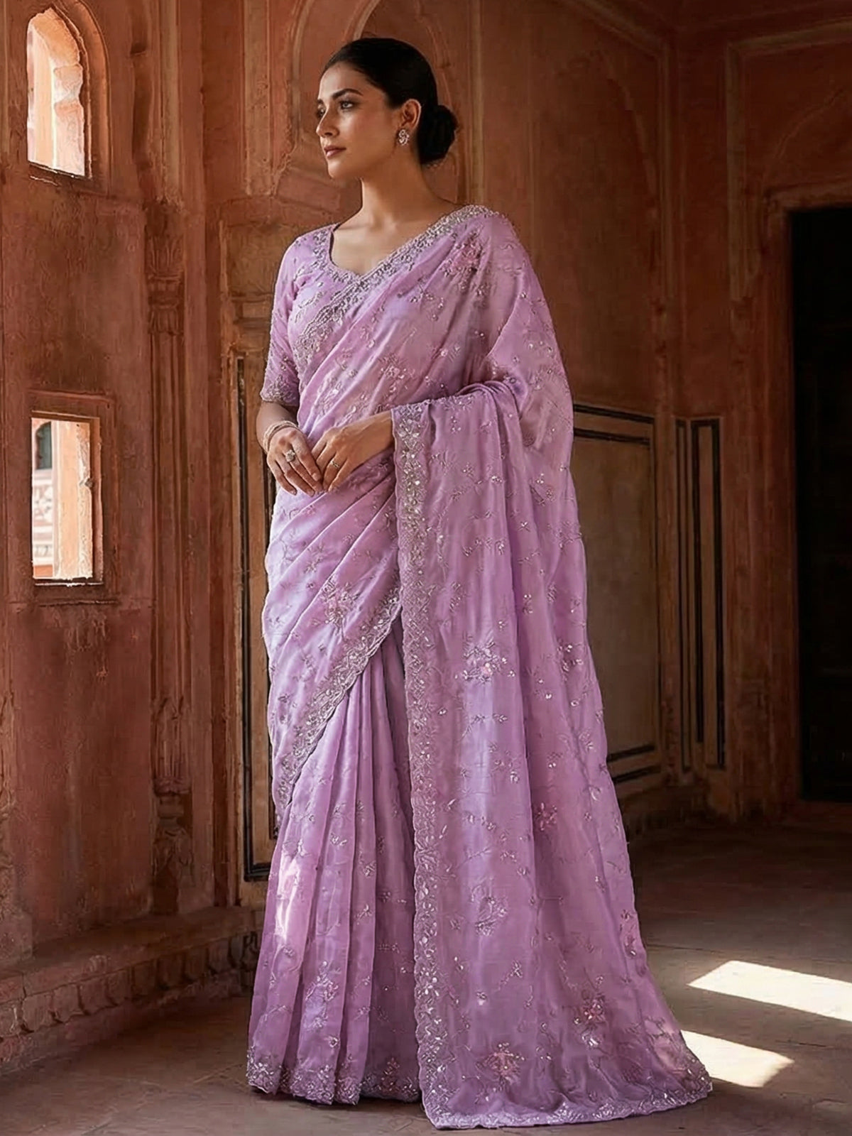 Lavender purple tissue silk saree with diamond sparkle
