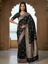 Black silk saree with zari and colorful motifs