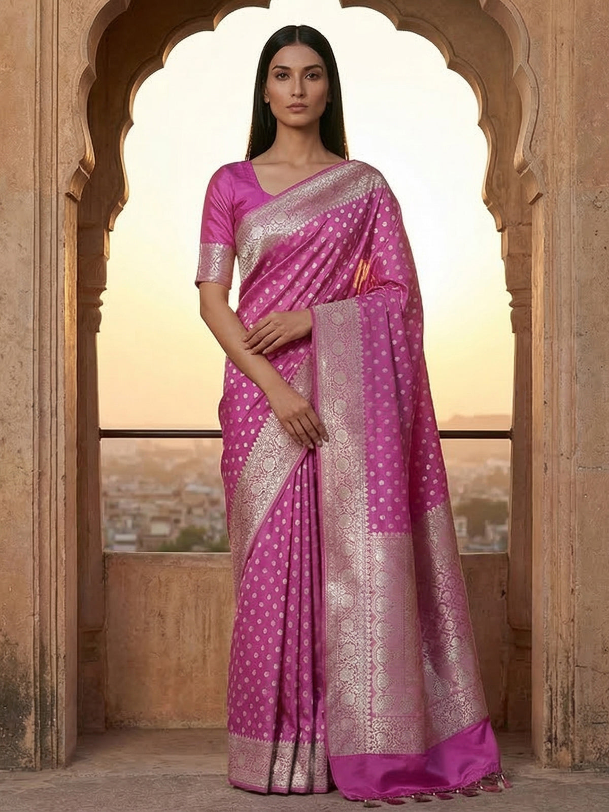 Lavender purple zari work semi silk saree