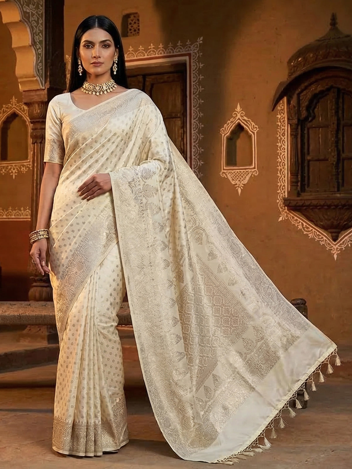 Cream art silk zari embellished traditional wear saree