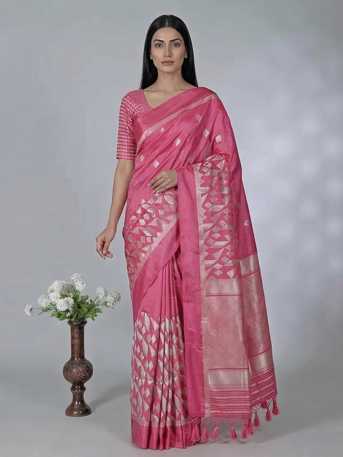 Pink art silk texture zari wedding festive saree