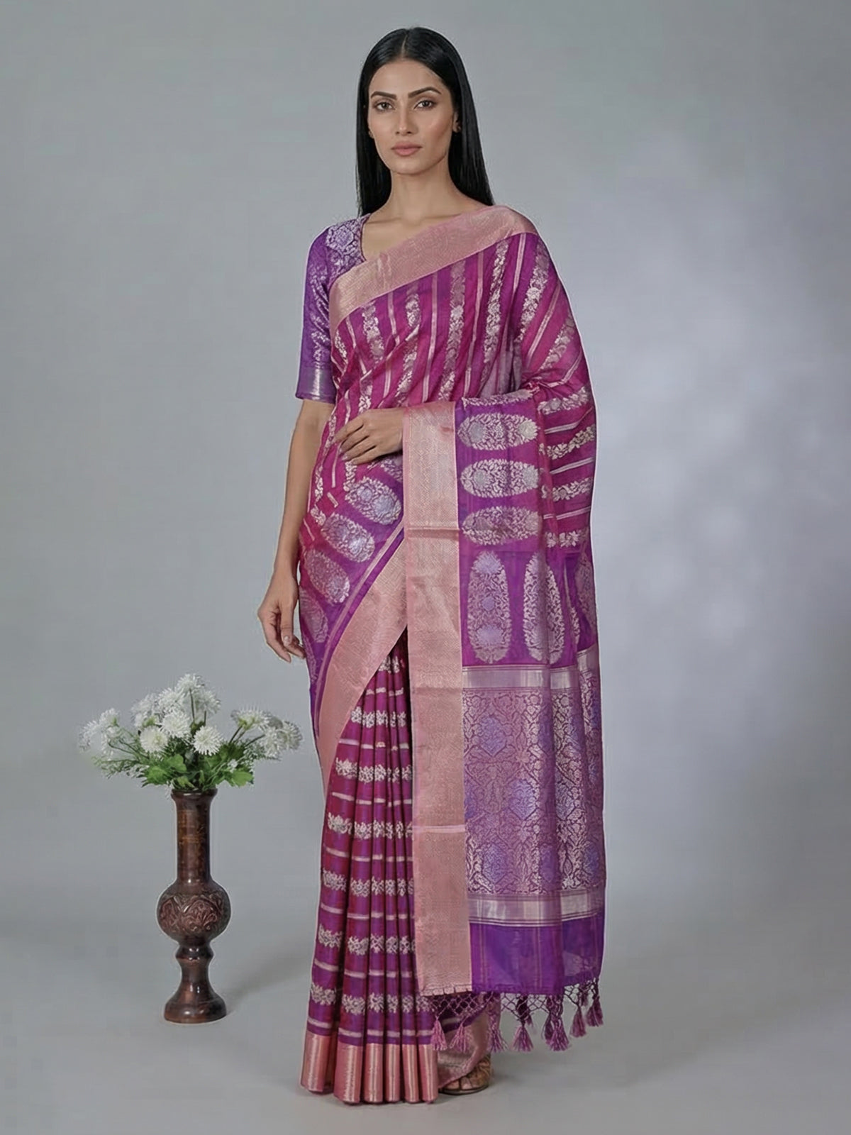 Purple art silk zari contrast border saree