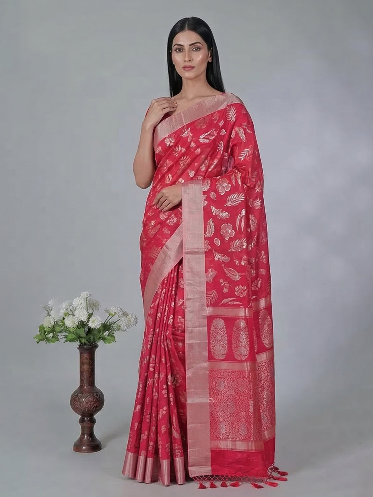 Red art silk zari contrast border festive saree