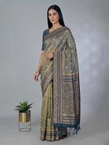 Navy art silk floral printed zari border saree