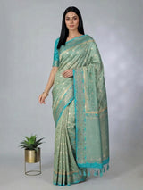 Aqua blue art silk zari contrast border saree