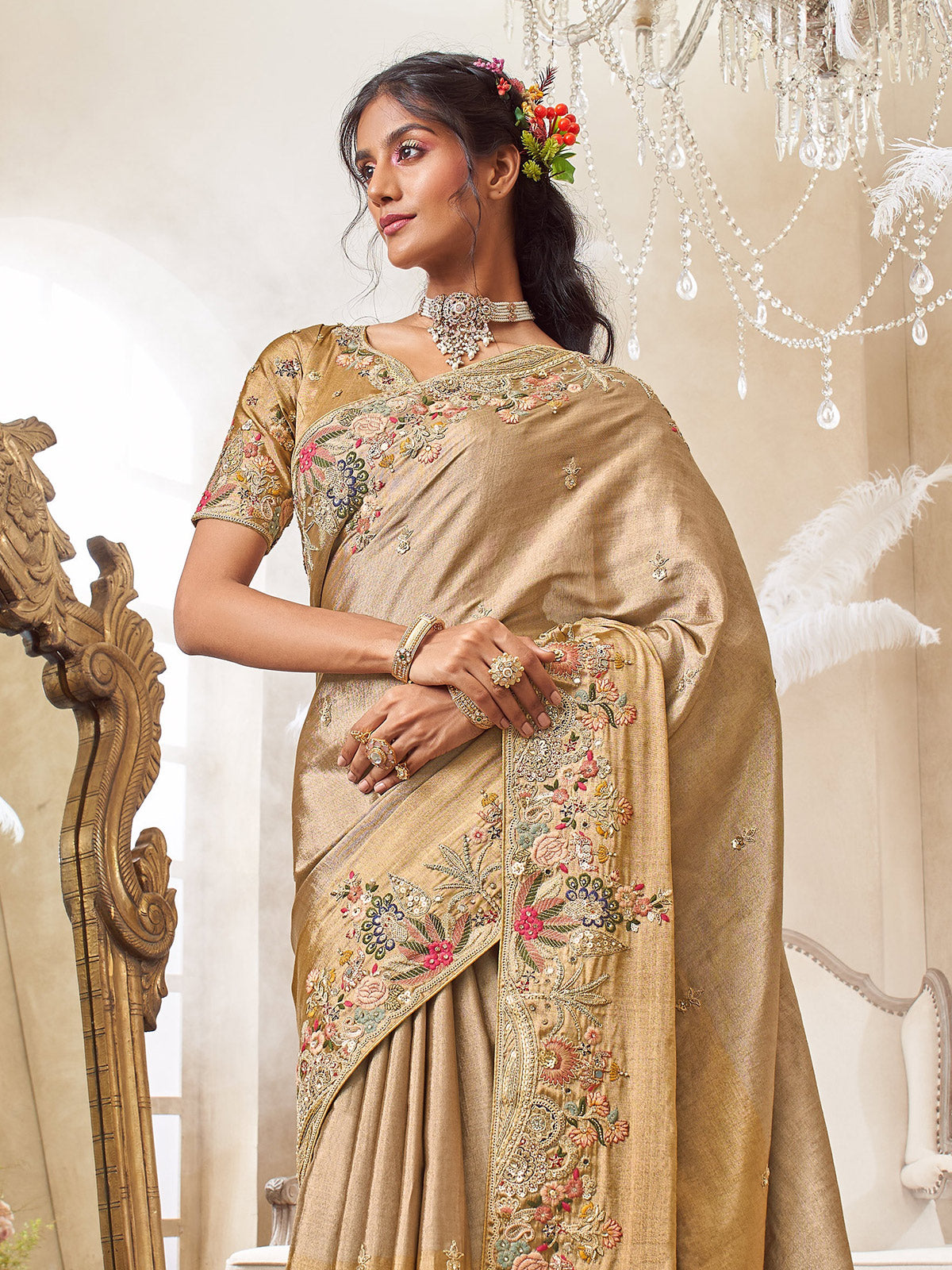 Beige viscose silk saree for wedding celebrations