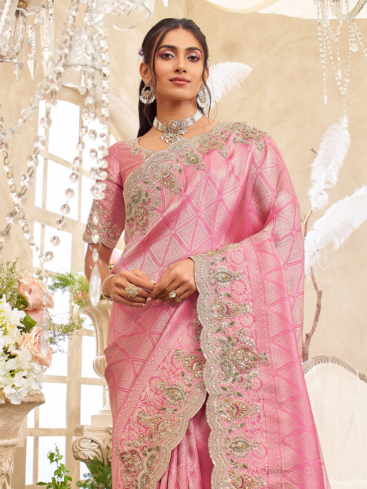 Light pink viscose silk saree for wedding wear