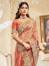 Peach viscose silk saree for reception wear