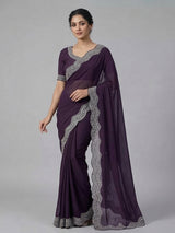 Dark purple dola silk saree with cutdana and diamond detailing