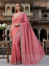 Onion pink tissue silk saree with cutdana and zardosi work