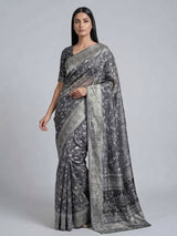 Charcoal black printed pashmina silk saree for festive events
