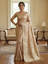Cream minakari tissue silk saree with colorful motifs