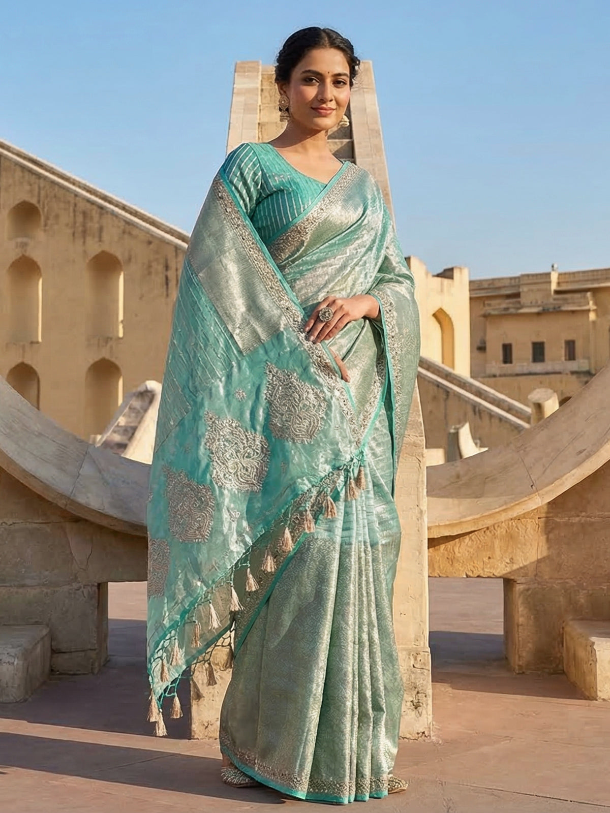 Aqua organza tissue silk saree with luxury detailing