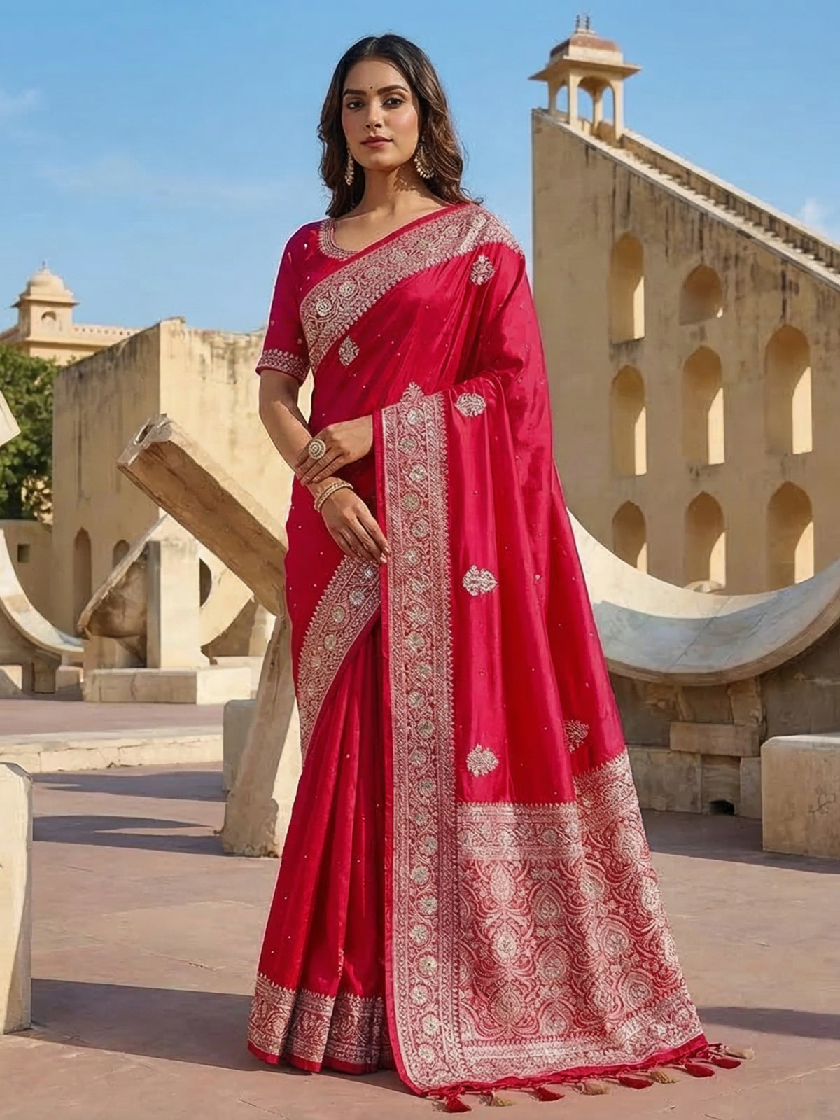Magenta dola silk saree with zardosi and mirror work