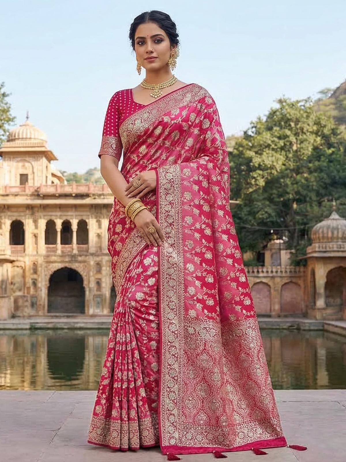 Rani pink satin silk saree with elegant gota and zardosi work