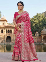 Rani pink satin silk saree with elegant gota and zardosi work