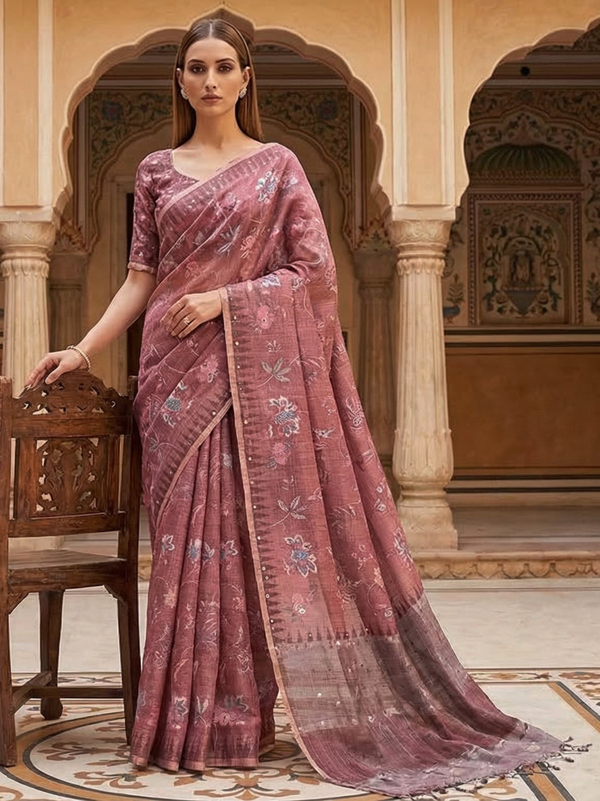 Brown floral printe and mirror work saree