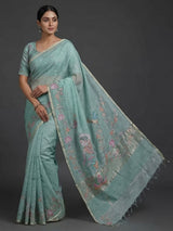 Mint green floral cotton silk saree