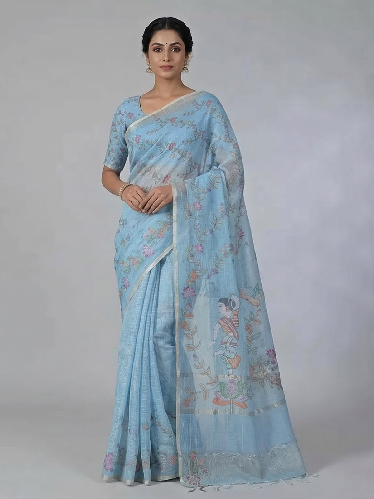 Sky blue floral cotton silk saree
