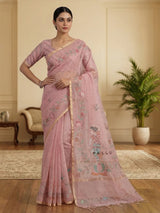 Onion pink floral cotton silk saree