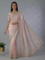 Peach tissue silk mirror worked saree