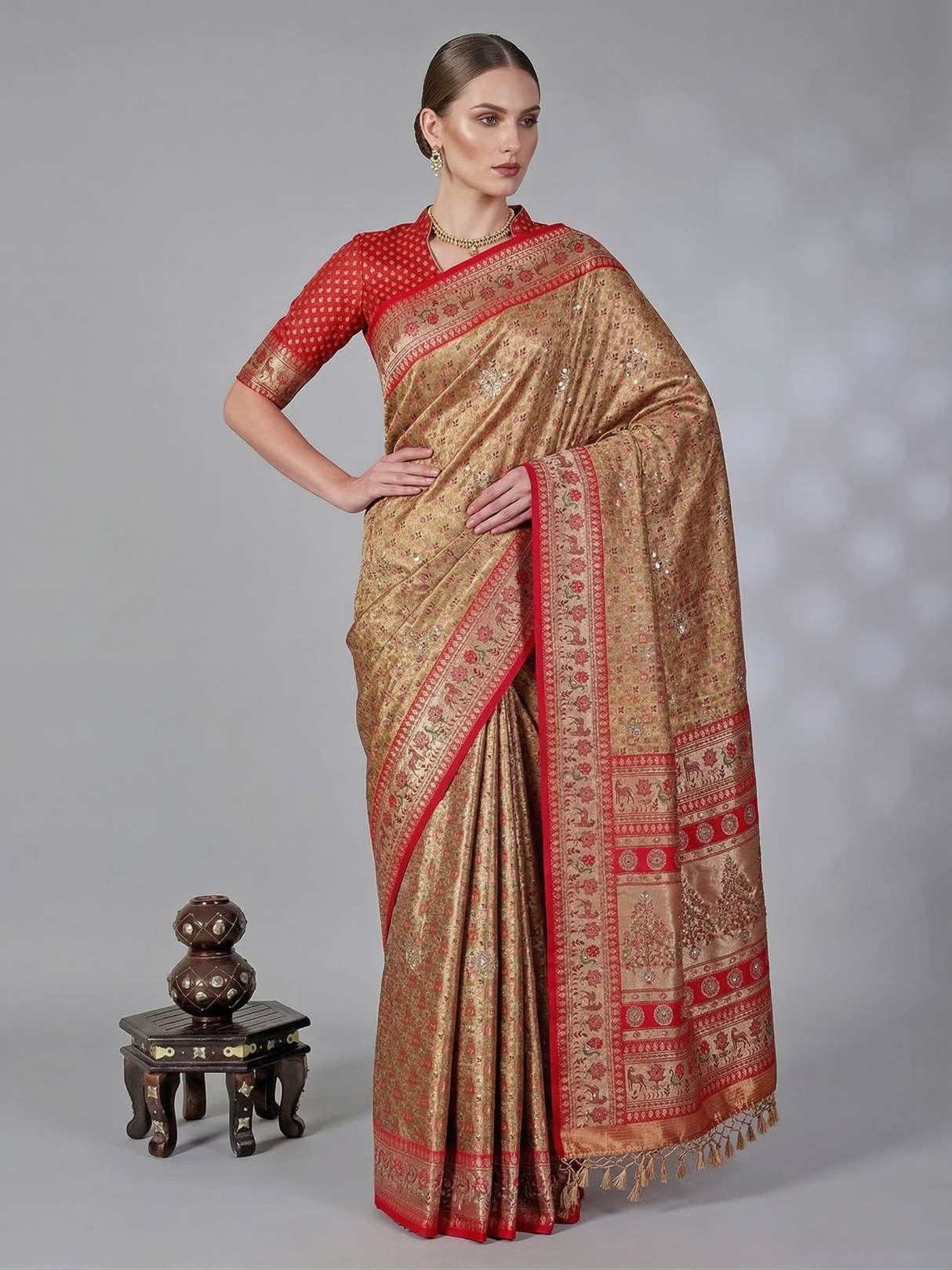 Olive kanjivaram silk embellished saree