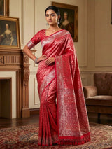 Red semi kanjivaram silk wedding wear saree
